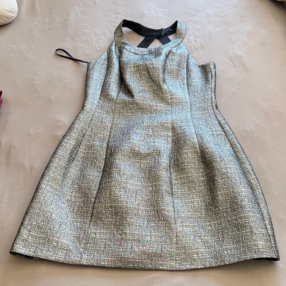New York & Company Silver Metallic Fit-and-Flare Dress